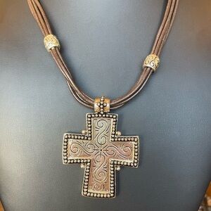 Vintage Cross Signed Premier Designs Silver Tone Pendant Leather Cord Necklace
